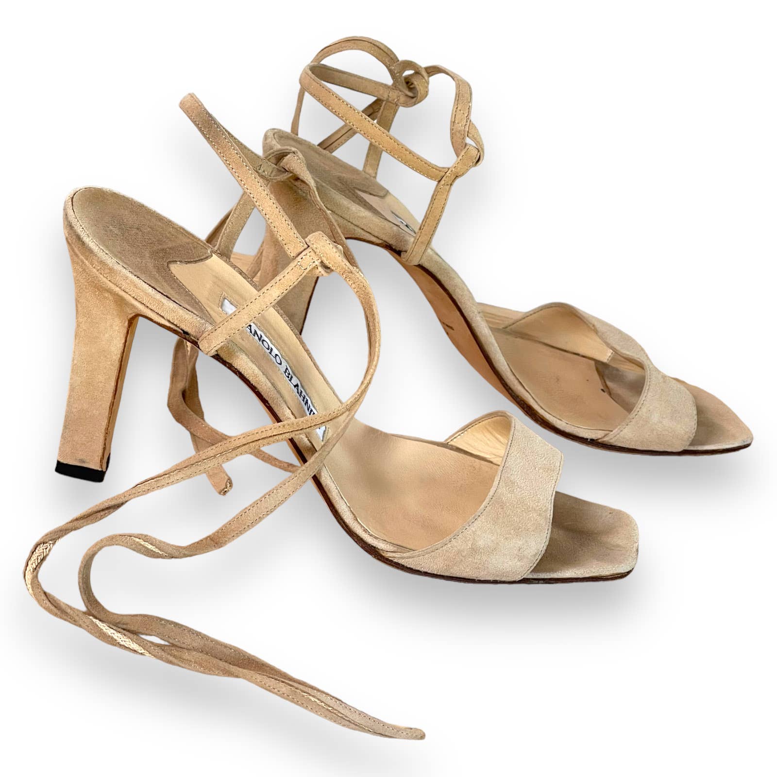 Manolo Blahnik Tan Suede Ankle Tie Strap Strappy Heels Sandal Sz 40 (Us Sz 10)